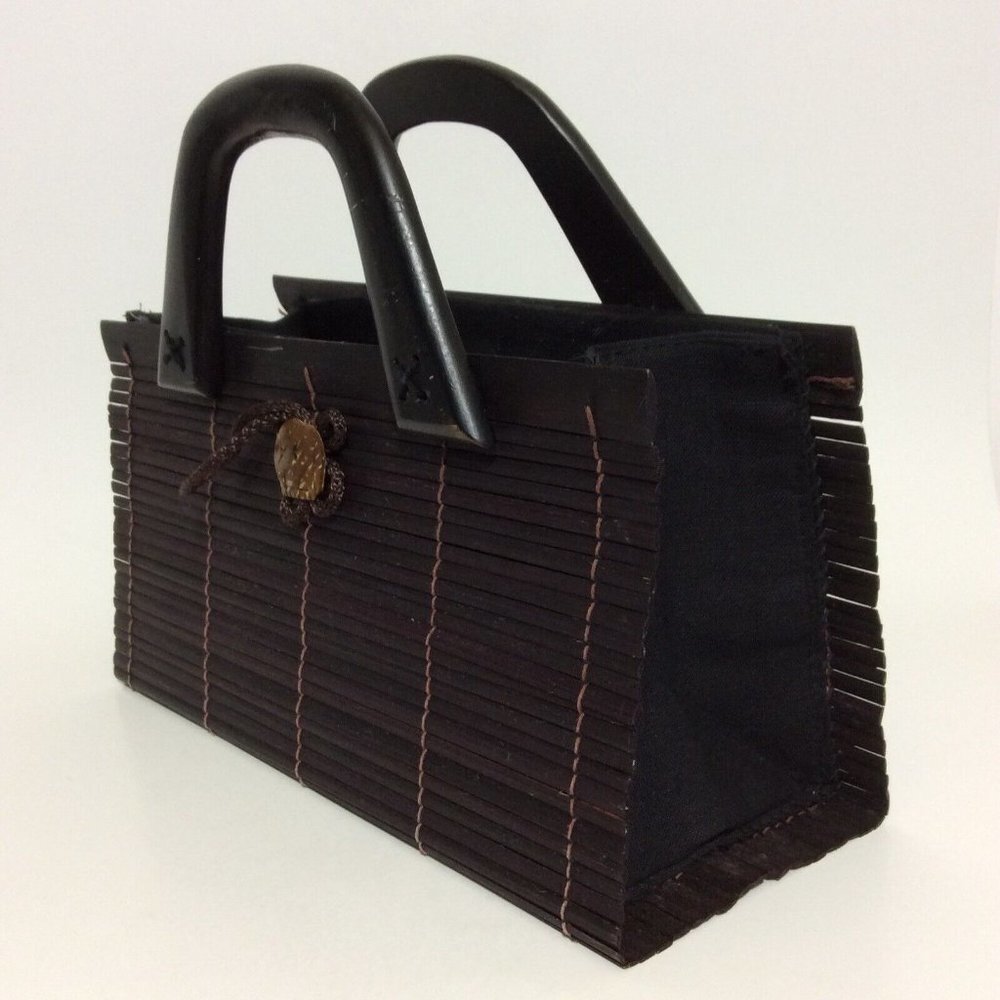 Womens Handmade Bamboo Handbag Wood Handles Loop Button Closure  Brown - Picture 5 of 12